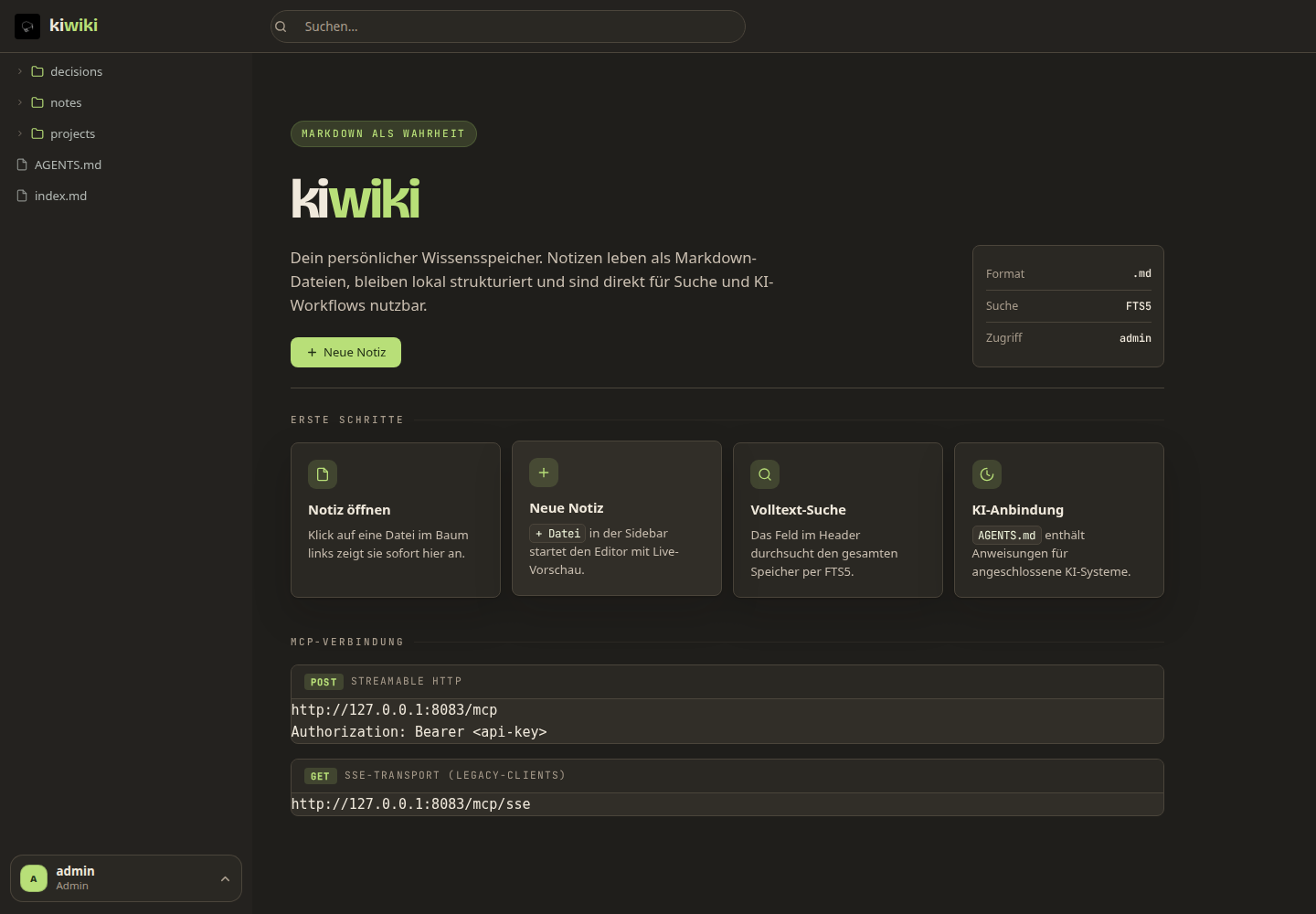 kiwiki Web-UI: Dashboard mit Datei-Baum, Suche und MCP-Verbindung